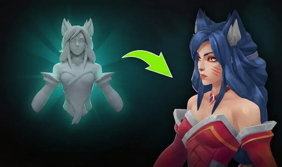 3D character concept and design process showing a grey sculpt transitioning to a final textured stylized model.