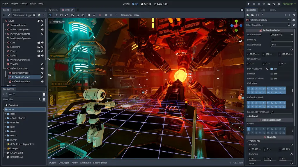 Godot Engine editor showcasing a high-fidelity 3D sci-fi scene with a robot to demonstrate 3D game design capabilities.
