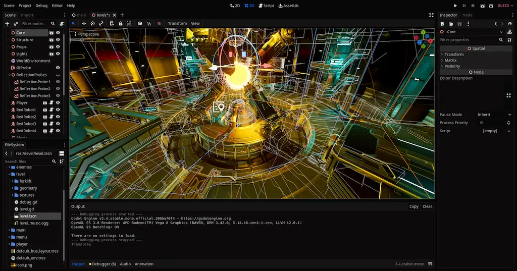 Godot Engine editor interface with a 3D scene, illustrating support for GDScript, C#, and C++ in game development.